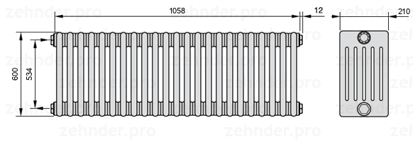 Схема (чертеж) Радиатор Zehnder Charleston 6060/23 №1270 Белый глянцевый RAL 9016